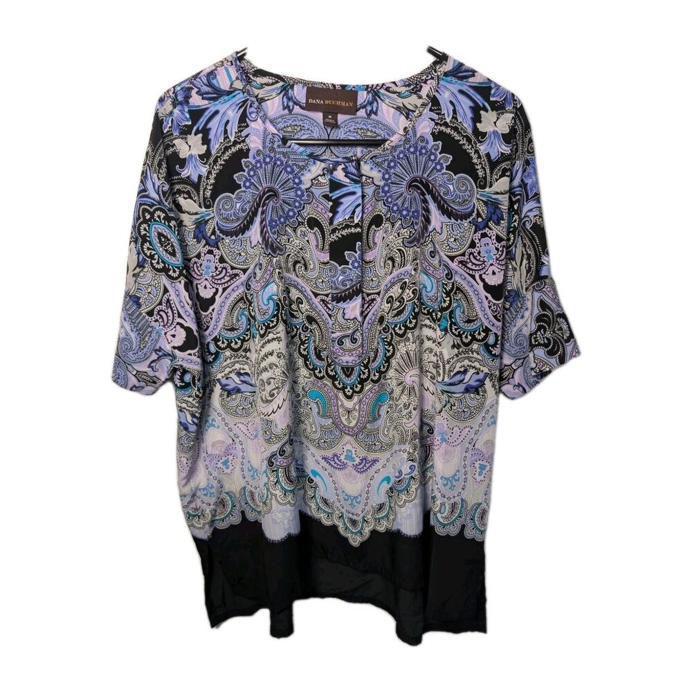 Dana Buchman Shirt Blouse Women's Top Medium Boho Paisley Short Sleeve Button